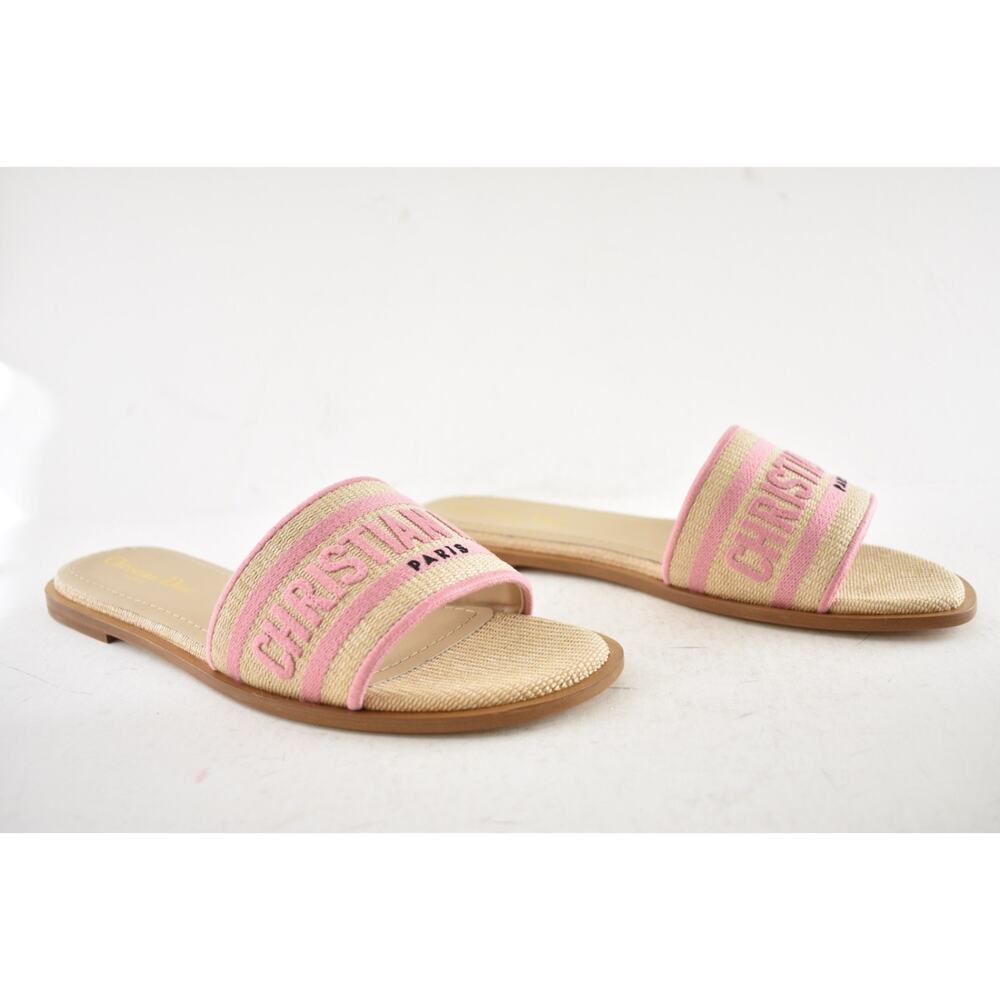 Christian Dior Dway Rose Begonia Pink Raffia Beige Logo Slide Flat Sandal 38.5 - Picture 4 of 13